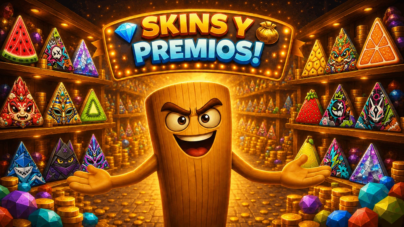 Pantalla oficial de acceso a la tienda de EL PALO, con el personaje rodeado de skins, monedas y gemas